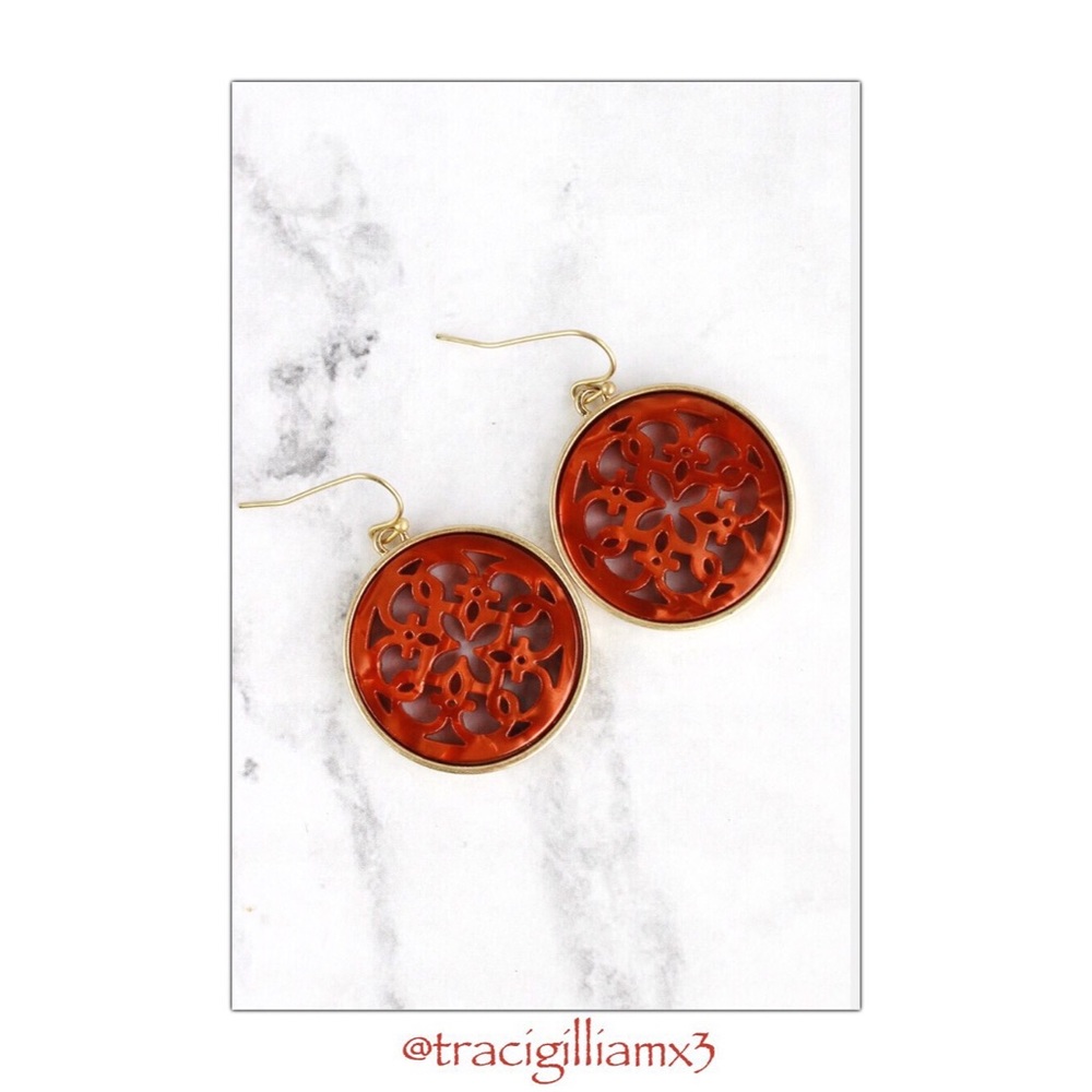 Goldtone Trim Burnt Orange Resin Filigree Earrings